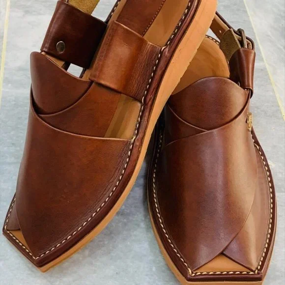 Brown Leather Sandals, Unique Style Handmade Peshawari Chappal Amazon.com | Handmade Shoes, Traditional Men main image 2